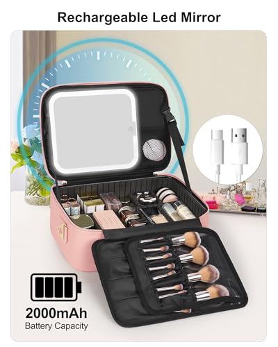Travel Makeup Bag With LED Mirror (01-Pink / 2-Medium)