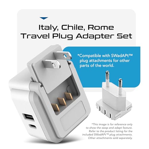 Chile, Rome, Italy Travel Plug Adapter Set, Chile plug adapter USB-USB-C 20W PD-QC 18W, 2 Outlet, US to Italy plug adapter for Lybia, Uruguay Includes Type C, L SWadAPt Attachments - PAK-IT (Paper White)
