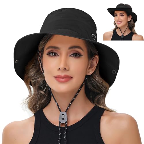 Sun Hats for Women Bucket Hat UV Protection Fishing Hat Wide Brim Safari Hats 2 in 1 Zip (1pack-black)