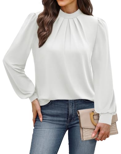 Long Sleeve Shirts for Women Business Casual Outfits Blouses for Women Dressy Casual Fall Clothes 2026 Fashion Clothing Mock Neck Womens Tunic Tops Plus Size White XL (04 - White / X-Large)