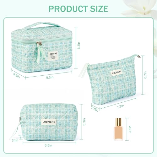 Makeup Bag 3 PCS Quilted Cosmetic Bags for Women (Green)