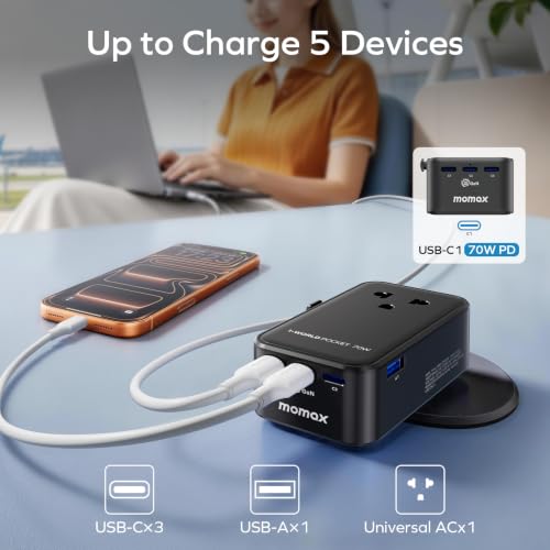 2026 NEW) MOMAX Universal Travel Adapter, Ultra-Thin 70W GaN International Plug Adapter with 3 USB-C, 1 USB-A and AC Outlet, Works in 200+ Countries, Not a Voltage Converter, for International Travel (Black / 70W)