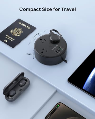 20W USB C Travel Power Strip (5ft Fully Retractable Cord / PD 20W USB C / Black)