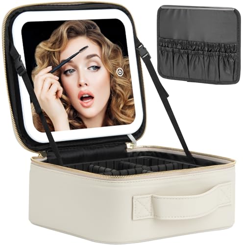 Makeup Travel Train Case with Mirror LED Light 3 Adjustable Brightness Large Cosmetic Bag Portable Storage Adjustable Partition Waterproof Make up Brushes Makeup Jewelry Gift for Women (Light Gray)