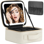 Makeup Travel Train Case with Mirror LED Light 3 Adjustable Brightness Large Cosmetic Bag Portable Storage Adjustable Partition Waterproof Make up Brushes Makeup Jewelry Gift for Women (Light Gray)