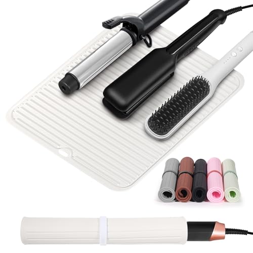 Heat Resistant Mat Large Silicone Hot Hair Tools Mat for Curling Irons Flat Iron Hair Straightener Vanity Mat Portable Hair Styling Tools Hot Pad 14.2"*11" (Off White)