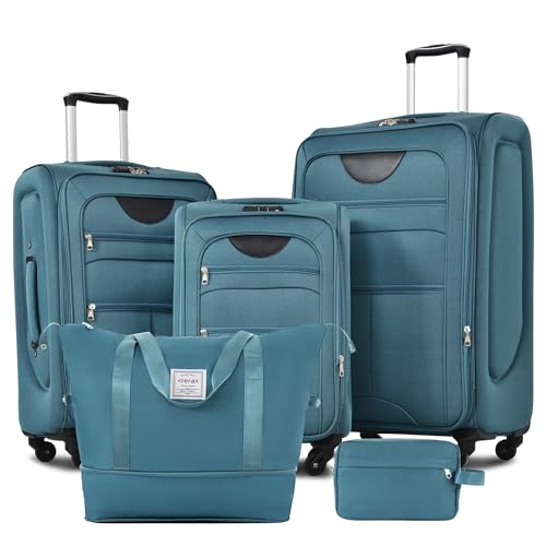 Softside Luggage Set Lightweight 3 Piece Suitcase with Duffel Bag (Softside Luggage(22/26/30) / Blue Green + bags)