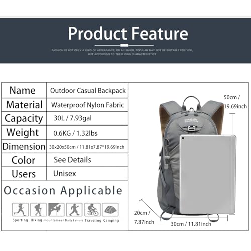 Hiking Backpack 30L Foldable Travel Daypack For Women Men (Grey / 30L)