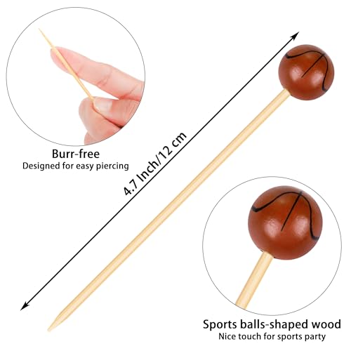 100 Pieces Basketball Decorative Sports Ball End Cocktail Skewers 4.7 Inch Bamboo Cocktail Picks Wooden Decorative Fruit Toothpicks for Appetizers Bar Drink Fruit Sandwich Buffet Party Supplies (Basketball)