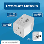 Japan Philippines Travel Adapter Plug with USB (Matte White)