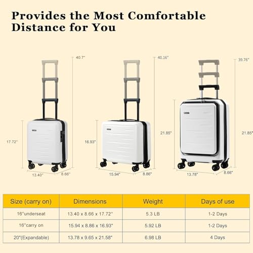 Expandable 16 Inch Underseat Carry On Luggage Airline Approved (White / 16 Inch Underseat EXT)