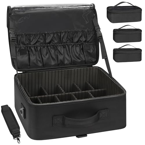 Large Makeup Bag with 3 Removable Pouches (Large / Black with 3 Clear Bags)