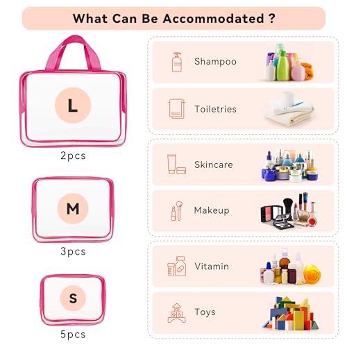 10 PCS Clear Travel Bags for Toiletries (Rose red)