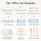Ceramic Nonstick Pots and Pans Set 19 Piece with Detachable Handle (Light Blue)