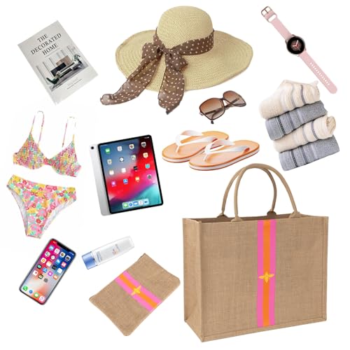 Large Beach Bag Jute Woven Pink and Orange. Pool and beach bags for women (Pink and Orange)