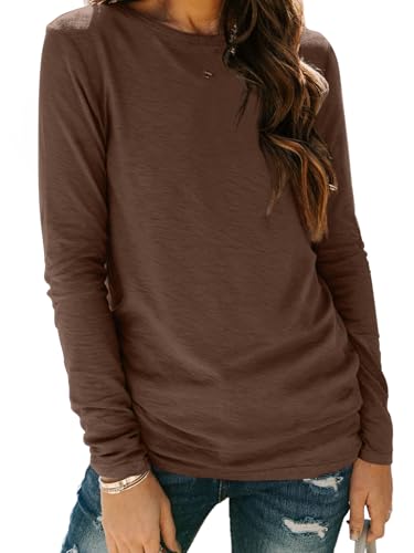 Long Sleeve Shirts for Women Casual Crewneck Tops Basic Tees (Medium / 01brown)