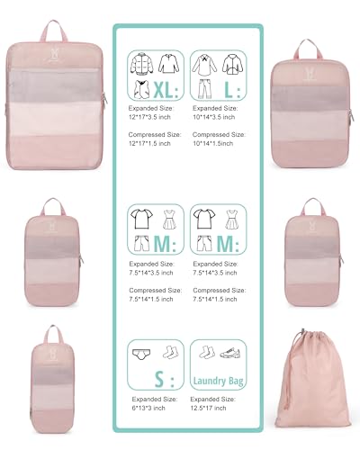 8 Set Space Saving Compression Packing Cubes Lightweight Packing Cube Pink (Pink / 8 Pcs(XL,L*2,M*2,S,laundry bag,shoes bag))