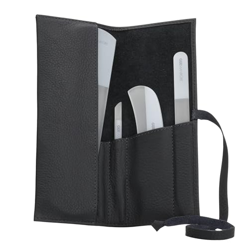 4pc Gray Glass Nail & Pedicure File Set (4-Pc: Glass File, Moon File, Cuticle Stick / Black Leather Roll)