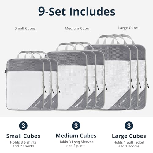 9 Set Compression Packing Cubes for Travel (Grey / 9 pcs)