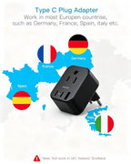 Black European Travel Plug Adapter (Type C - Most of Europe(Black))