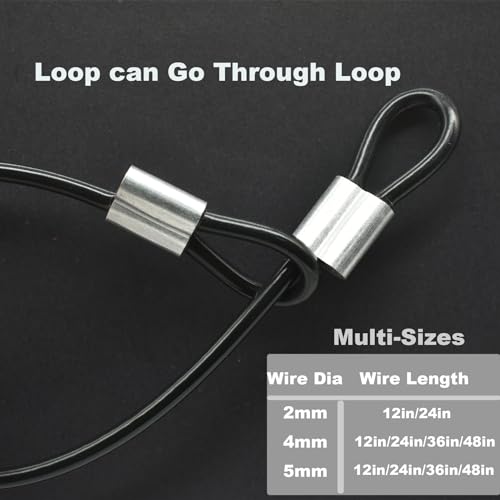 5 Pcs 5mm Wire 24 inch Vinyl Coated Stainless Steel Cable with Loops Short Wire Rope Lanyard Lock Security Chain Link for Outdoor Gates (5mm(T) X 24 in(L) 5PCS / Black)