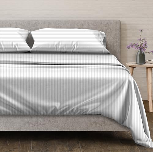 100% Egyptian Cotton Split King Sheets Sets for Adjustable Bed (Split King / 26 - Striped White)