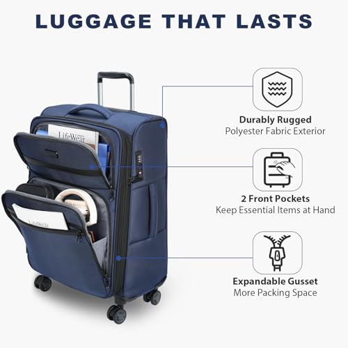 Softside Expandable checked Luggage with Front Business Pockets (Navy-24 / 24 inch)