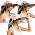 Ponytail Sun Bucket Hats for Women UV Protection Foldable Wide Brim (3 Pack-blue&pink&pure Beige)