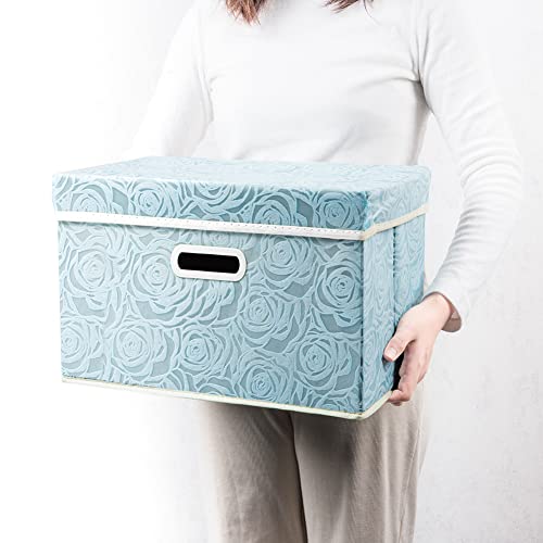 Collapsible Storage Cubes with Lids Fabric Decorative Storage Bins Boxes Organizer Containers Baskets with Cover Handles for Bedroom Closet Living Room 14.9x9.8x9.8 Inch 3 Pack (Blue / Medium(3-Pack))