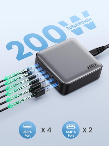 USB C Charger Block 200W[2026 Upgraded] GaN III 6 Port Fast Charging Station Hub (Black / 200W)