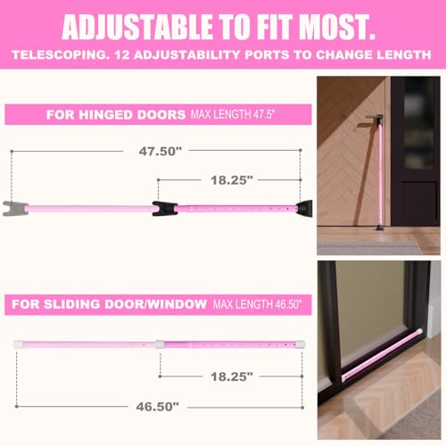 3-in-1 Door Security Bar, Security Door Stoppers & Door Barricade – Heavy Duty Adjustable Iron Security Lock Bar for Home Defense, Apartment & Travel Safety (1 Pack - Pink) (1 Pack / Pink)