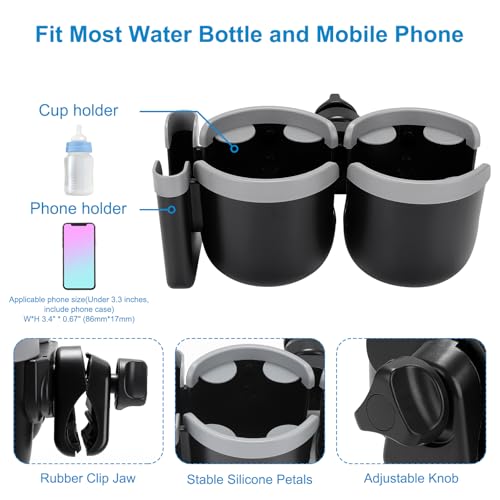 Stroller Cup Holder with Phone Holder (Double Holder-Grey)