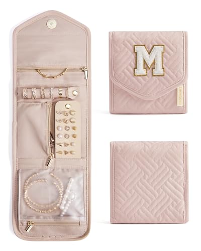 Travel Jewelry Organizer Case M Initial Jewelry Roll (Small / Pink-M)