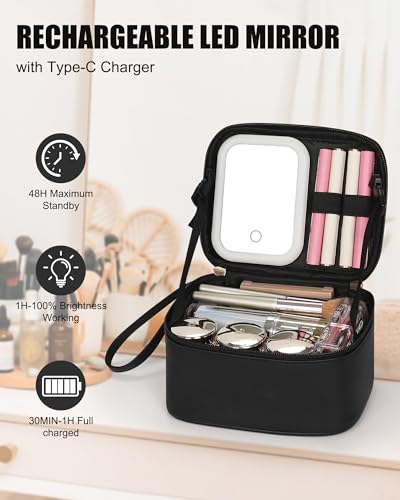 Travel Makeup Bag with Led Mirror (01-Black / Small)