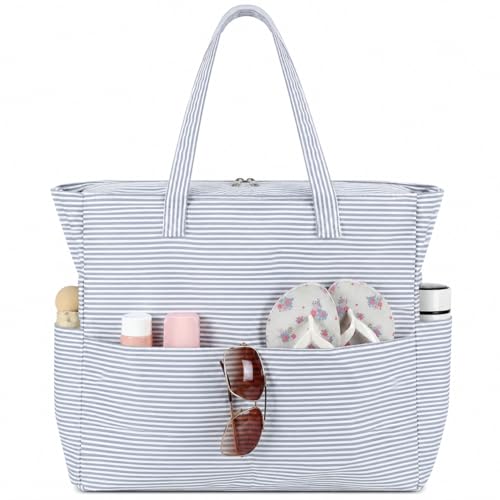 Beach Bag Waterproof Sandproof Women Beach Tote Pool Bag with Zipper for Gym Grocery Travel with Wet Pocket (Light Gray White)