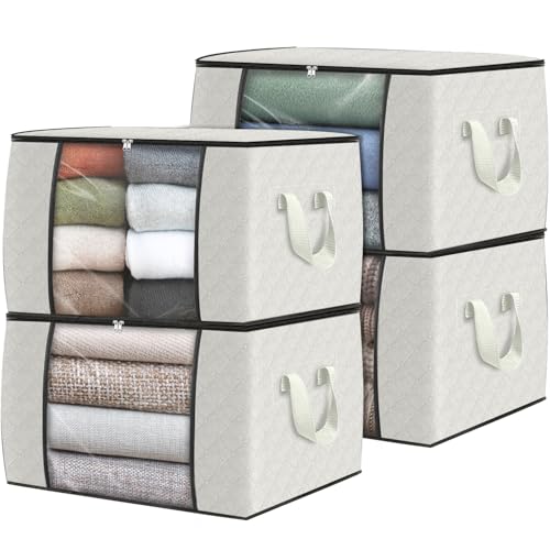4 Pack Storage Bags for Clothes Blanket Storage Bins with Lids (4 Pack-60l / Ivory)