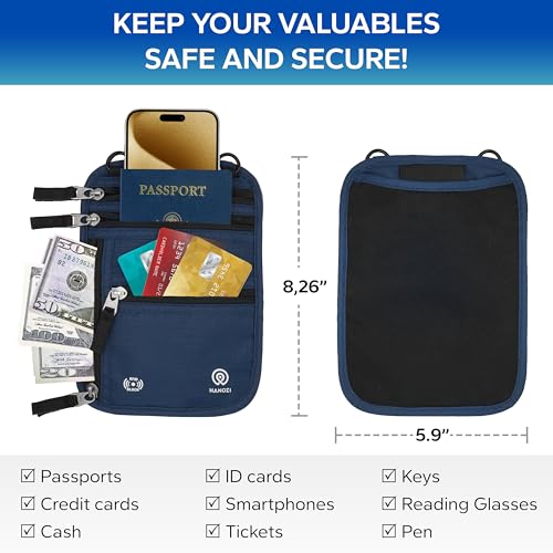 Neck Wallet Travel Pouch and RFID Blocking Passport Holder for Women and Men (Navy)