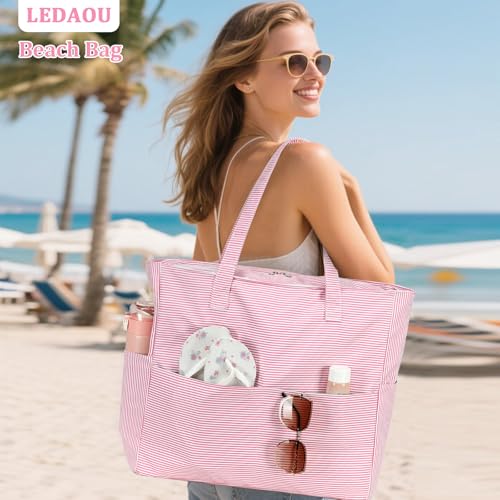 Beach Bag Waterproof Sandproof Women Beach Tote Swim Pool Bag with Zipper Wet Pocket for Gym Grocery Travel Family (Soft Pink)