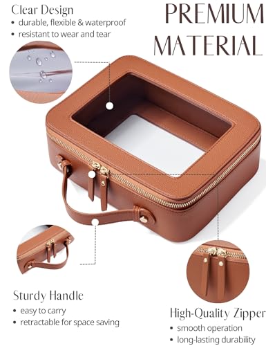 Clear Makeup Bag Toiletry Case Travel Transparent Cosmetic Bag with Zipper (Brown / Large Luxe)