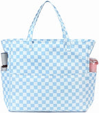 Beach Bag Waterproof Sandproof Women Beach Tote Bag Pool Bag with Zipper for Gym Grocery Travel with Wet Pocket (Light Blue White)