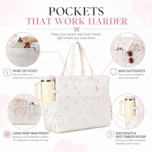 Waterproof Beach Tote Pool Bags for Women Ladies Extra Large Carry On Bag With Wet Compartment for Weekender Travel (Coquette Pink)