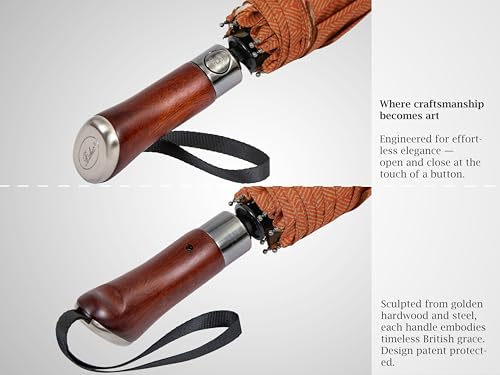 Folding Umbrella Lux Hardwood Handle Herringbone Gold Flame (Herringbone Gold Flame)
