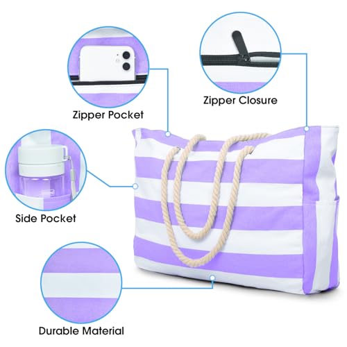 Beach Bags for Women Large Waterproof Beach Tote Bag Zipper Beach Bags Waterproof Sandproof Swim Pool Bag Large Tote (Purple)