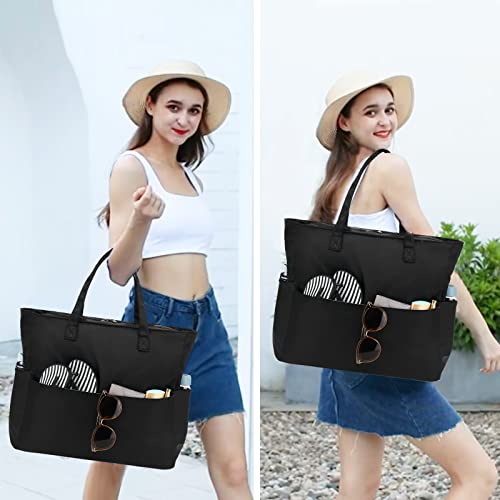 Waterproof Beach Tote Pool Bags for Women Ladies Extra Large Gym Tote Carry On Bag With Wet Compartment for Weekender Travel (M-black)