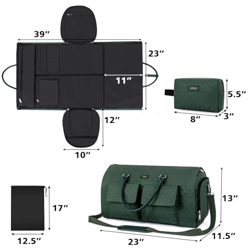 Garment Bag for Travel With Toiletry Bag Convertible Carry On Weekender Bag Large Travel Duffel Bags for Women 2 in 1 Hanging Suitcase Suit Travel Bags for Women & Men 3pcs Set (H-green)
