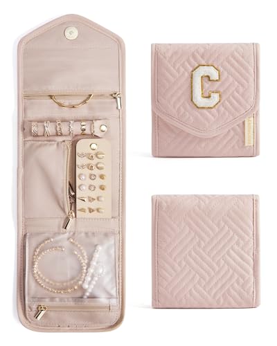 Travel Jewelry Organizer Case C Initial Jewelry Roll (Small / Pink-C)