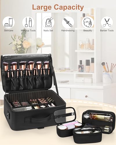 Large Makeup Case Travel Makeup Train Case Professional Makeup Artist Bag Portable Nail Organizer Box Art Supply Case with Adjustable Dividers (Black with 3 clear bags / Large)