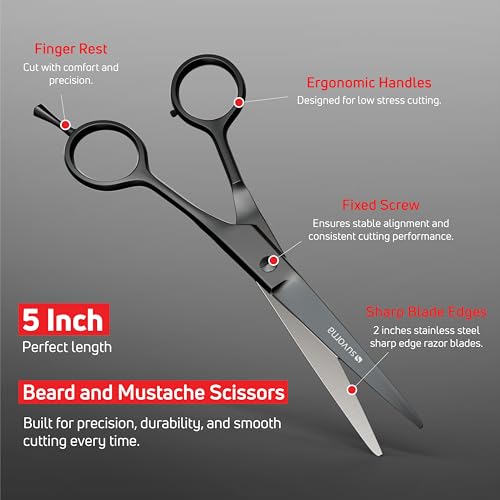 Premium Beard & Mustache Set with Beard scissors for men (5.5" Beard & Mustache Scissors / Black)