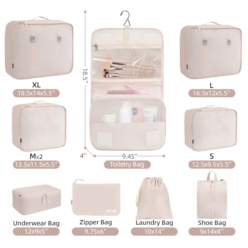 10 Set Packing Cubes Various Sizes Packing Organizer for Travel Accessories Luggage Carry On Suitcase (Cream / 10 Set-full Mesh)