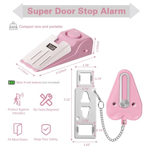 Portable Door Lock & Door Stop Alarm Set (Pink)